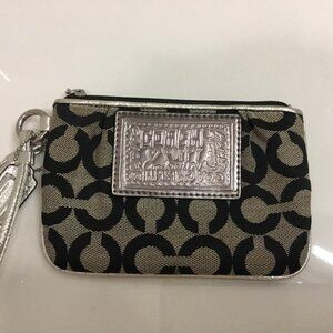 Coach Poppy Signature Monogram Wristlet with Metallic Silver Leather Trim & Tag